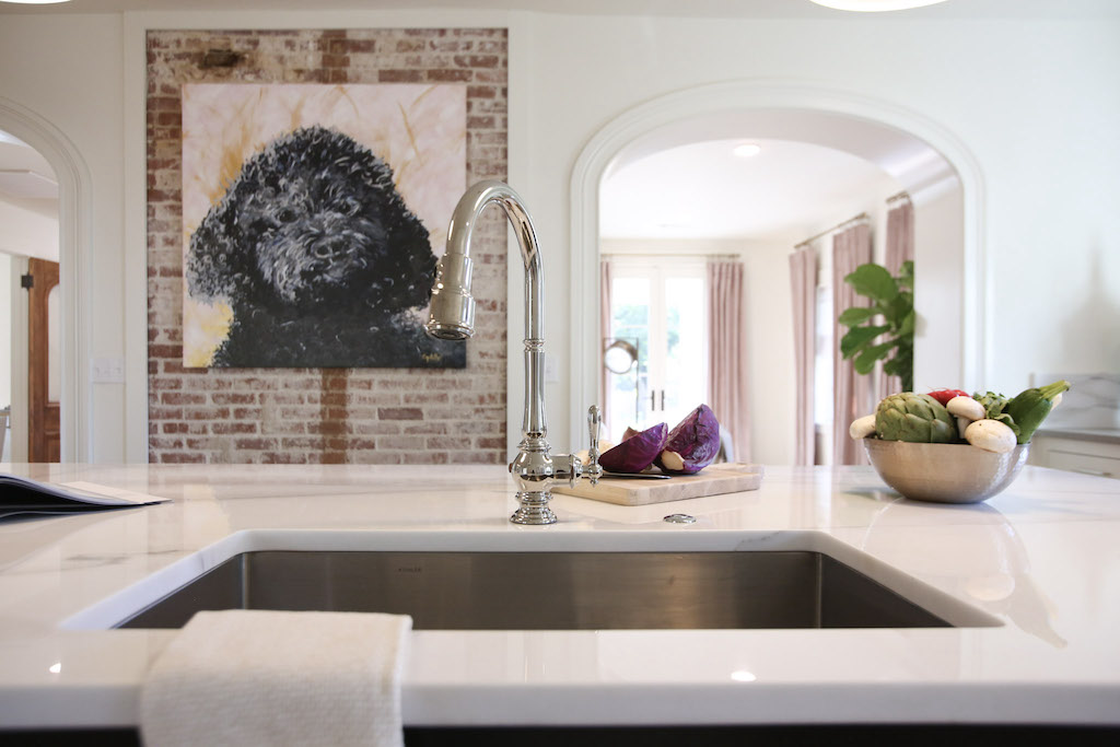 New sink island and large painting of Coopers' dog, Nola from season one of Fixer to Fabulous